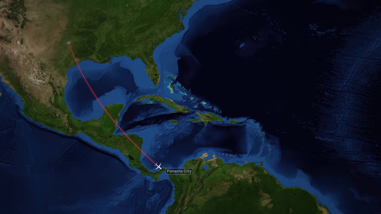 Satellite map animation tracks a plane flying from Dallas, Texas to Panama City, Panama