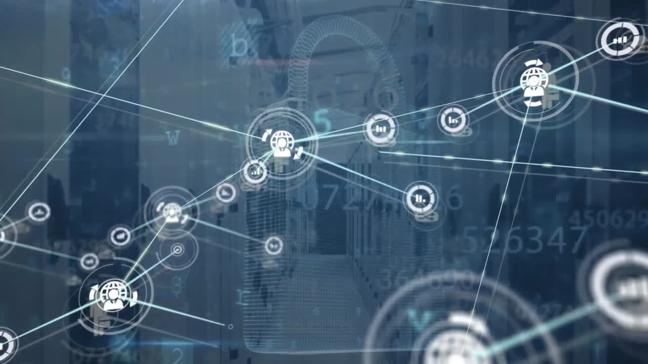 animación de la red de conexiones a través del candado y la sala de servidores.