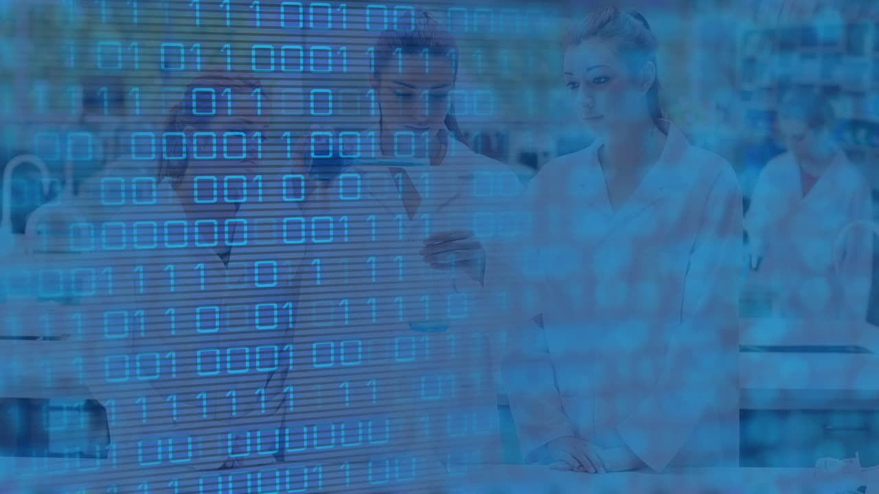 анимация обработки данных над кавказскими учеными, разговаривающими в лаборатории