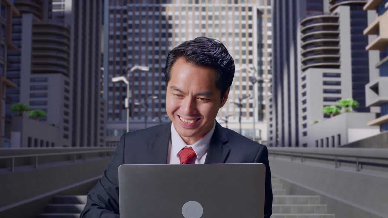 도시 에서 노트북 컴퓨터 를 사용 하는 동안 미소 짓는 아시아 사업가