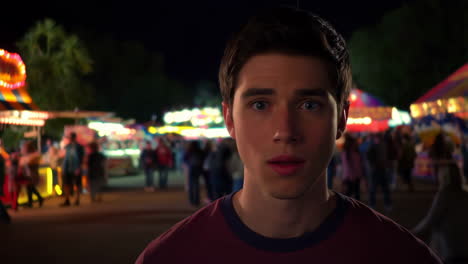 young man making faces at a night fair