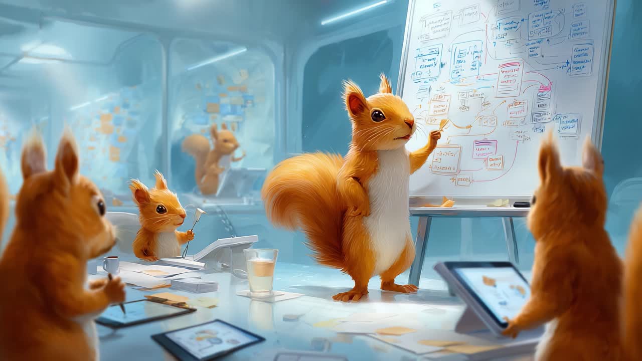 A Team of Squirrels Collaborate in a High-Tech Meeting Room, Engaging in Creative Brainstorming and Strategy Planning Using Innovative Tools and Visual Aids