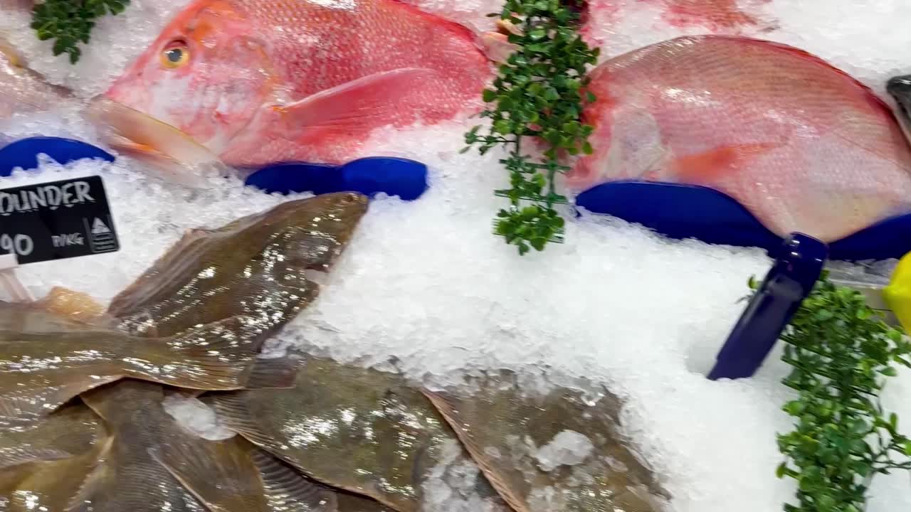 A vibrant selection of fish on ice, featuring ocean trout, sand flounder, and silver trevally with lemon and parsley.