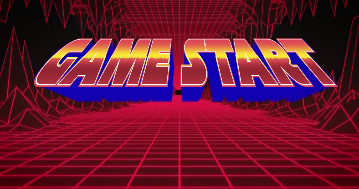 At start 3D GAME START text shifting into yellow-red gradient on wireframe grid marking game launch