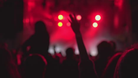 blurry view of music festival fans and flashing red and white lights on stage, live concert