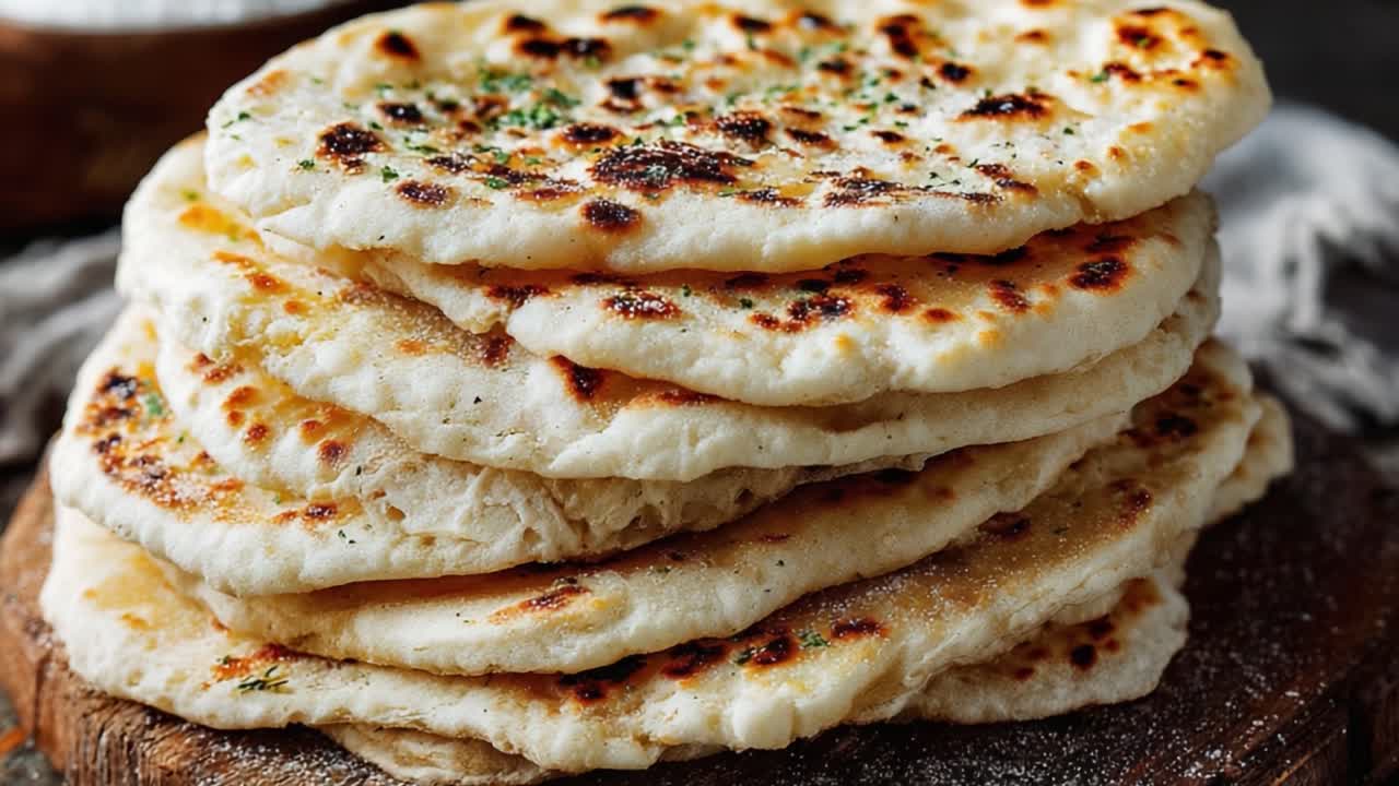 Deliciously Stacked Homemade Flatbreads with Golden Brown Spots Served on a Rustic Wooden Board, Highlighting Their Soft and Chewy Texture, Perfect for Any Meal