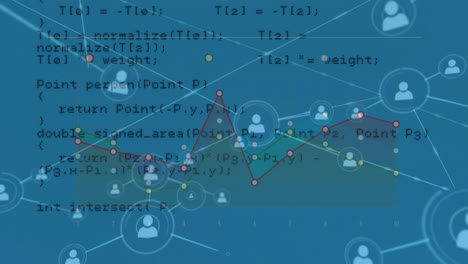 animación de iconos conectados, gráficos y lenguaje informático sobre un fondo abstracto