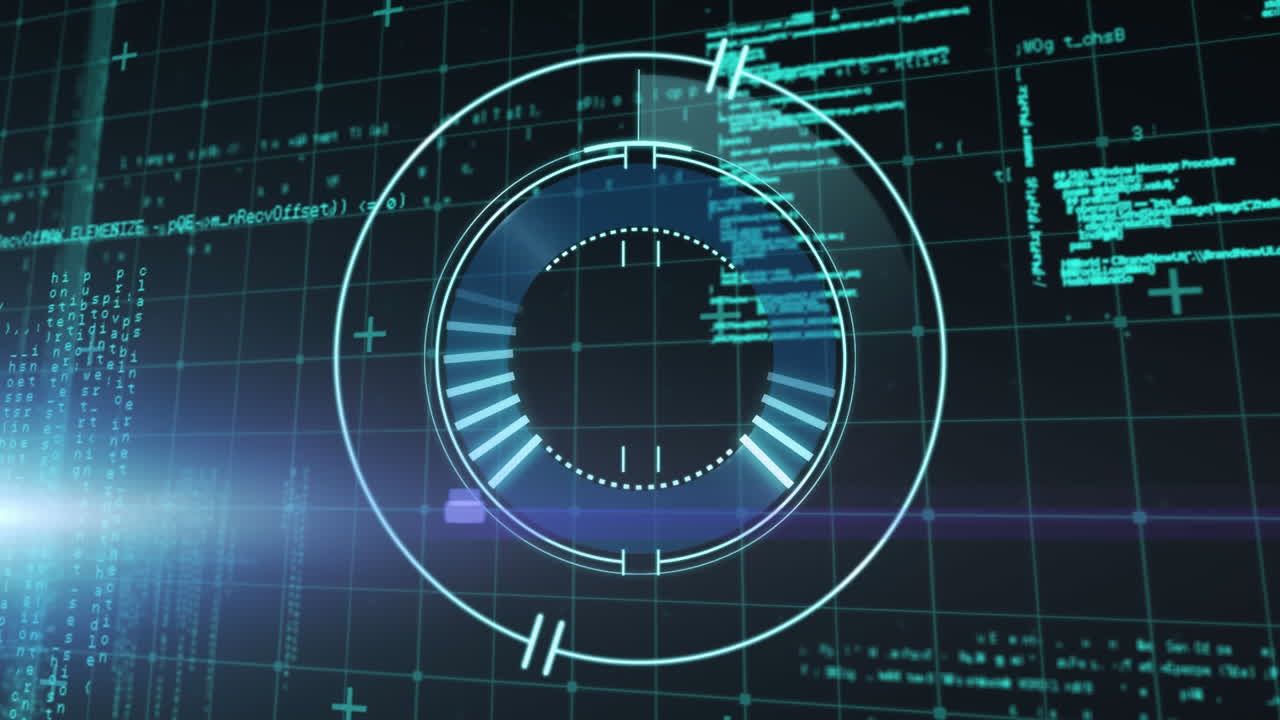 animación del procesamiento de datos, iconos digitales y escaneo de alcance sobre la cuadrícula