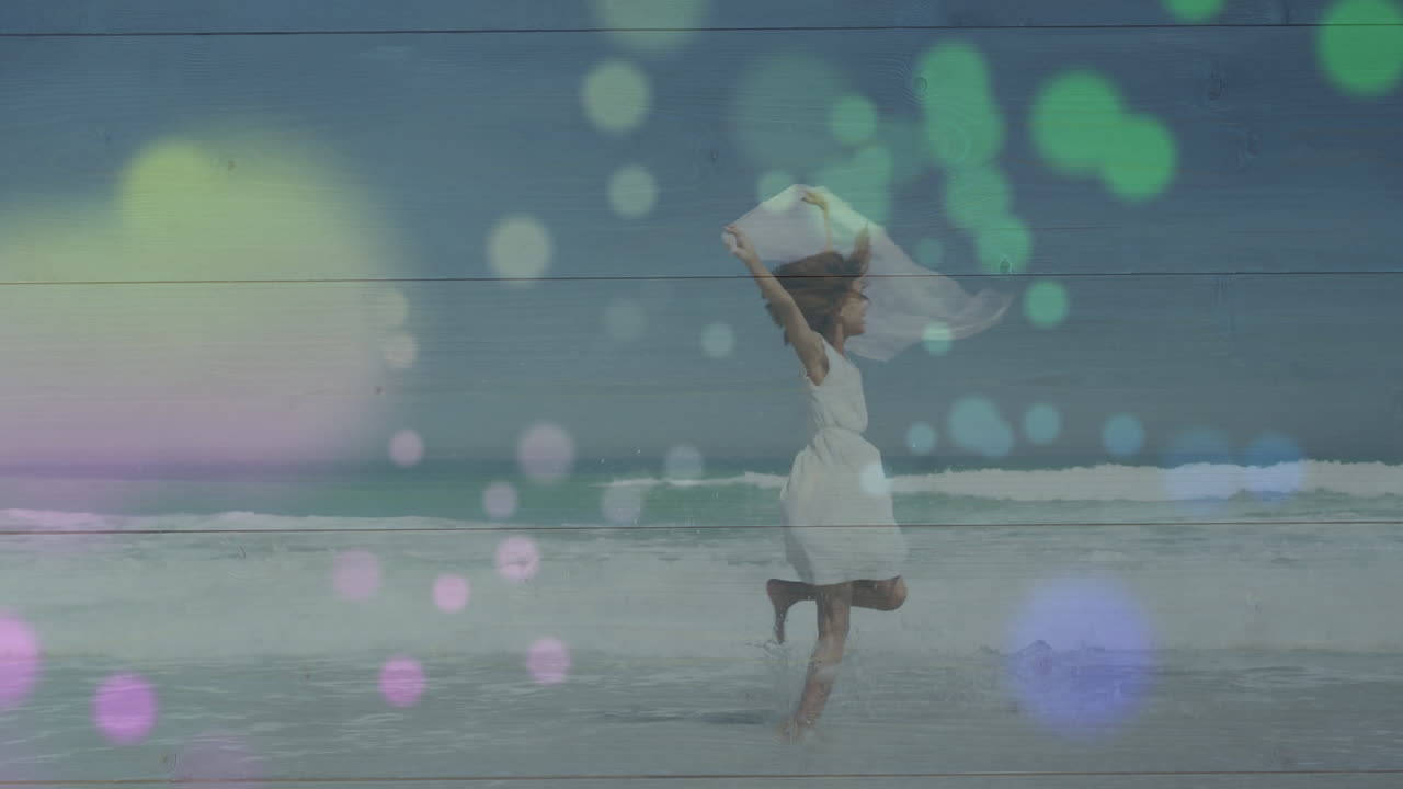 Woman dancing barefoot at ocean edge, featuring flowing cloth and animated waves for health