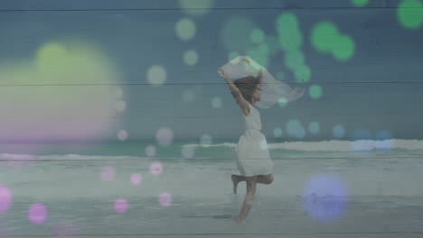woman dancing barefoot at ocean edge, featuring flowing cloth and animated waves for health