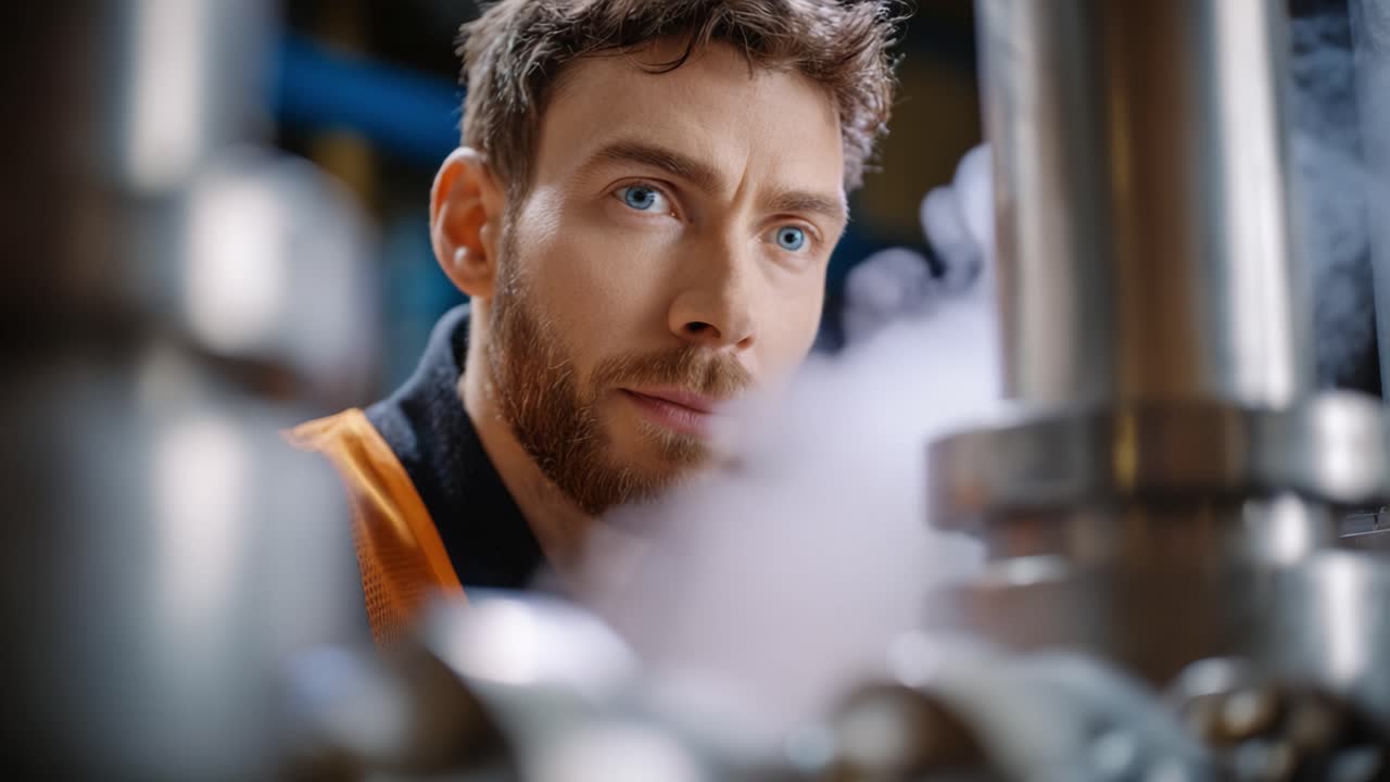 Tecnico concentrato che aziona macchinari in un ambiente industriale, mostrando concentrazione ed esperienza mentre gestisce efficientemente sistemi a vapore ad alta pressione.