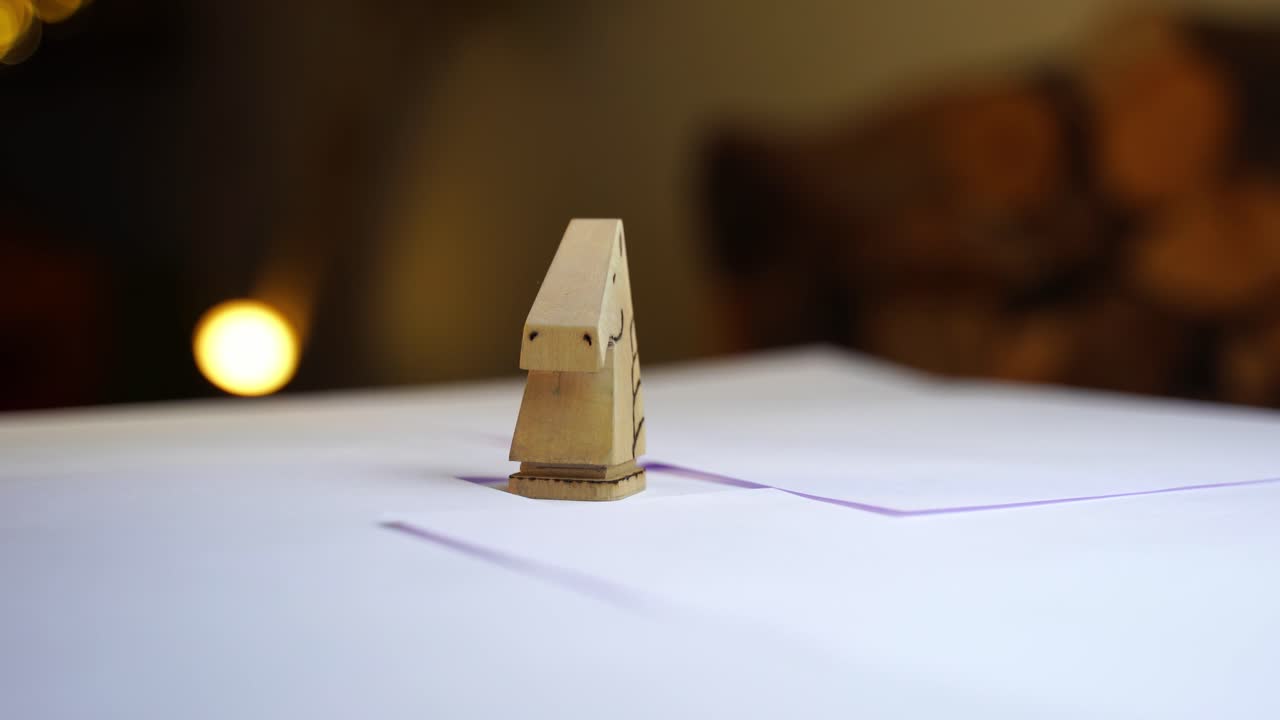 나무로 조각된 체스 조각 말, 흰색 테이블에서 회전하는 기사