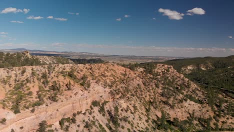 Aerial Panning Canyon Walls And Hillsides, With Hoodoos, Bright Blue Sky, Pine Trees, And The Canyon Rock Formations Stretching Into The Background - Bryce, Utah