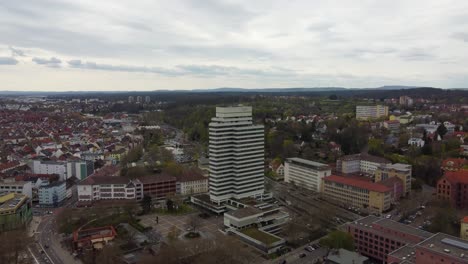 aerial drone view towards municipality building in k-town kaiserslautern, germany on a saturday with empty streets and squares