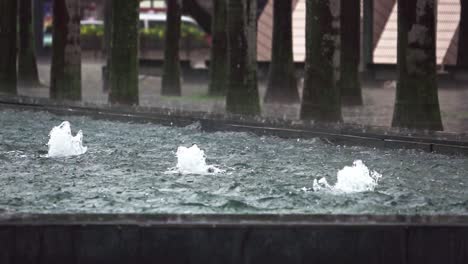 a stationary slow motion footage of three water fountains in a public park in hong kong with a rainy weather