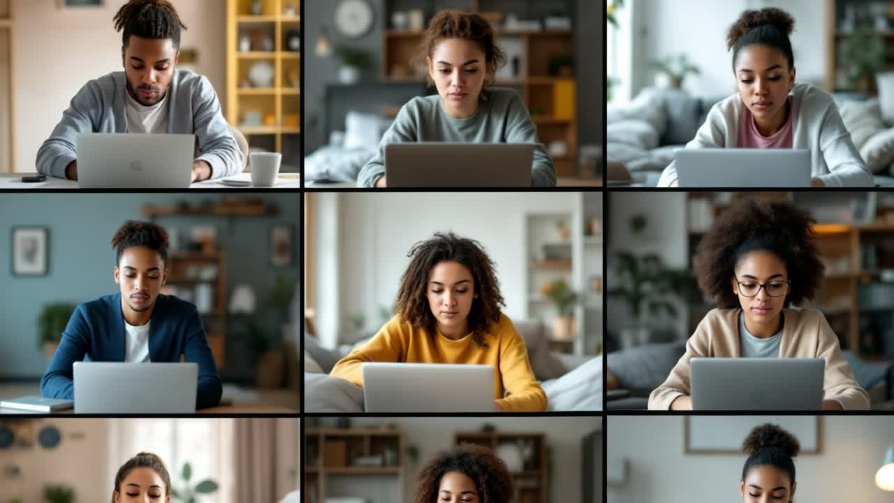 Diverse professionals working remotely, collaborating through laptops, embodying digital connectivity and flexible career environments