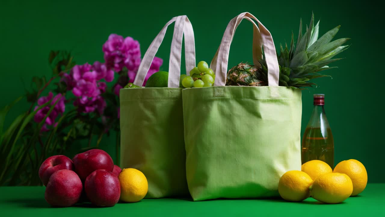 Vibrant Green Background Showcasing Eco-Friendly Bags Filled with Fresh Fruits and Vegetables, Surrounded by Colorful Flowers, Illustrating a Healthy Lifestyle and the Beauty of Nature