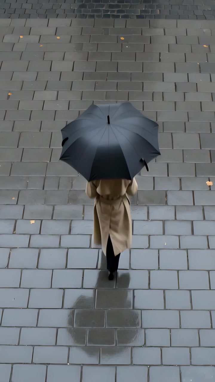 Video verticale: Donna che cammina con un ombrello nero, dirigendosi verso un ingresso su piastrelle bagnate con foglie.