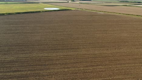 Aerial-drone-footage-flying-over-a-brown-harvested-field-close-to-hedgerows-and-a-farm-track-in-North-Yorkshire,-UK-on-a-beautiful,-crisp-autumn-morning