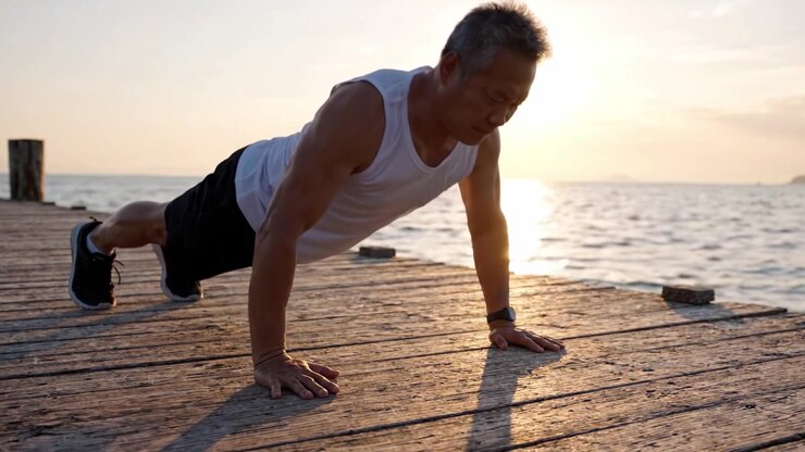 A Determined Individual Engages in Push-Ups on a Scenic Pier at Sunset, Embracing Physical Fitness and Strength Training Amidst Nature's Beauty
