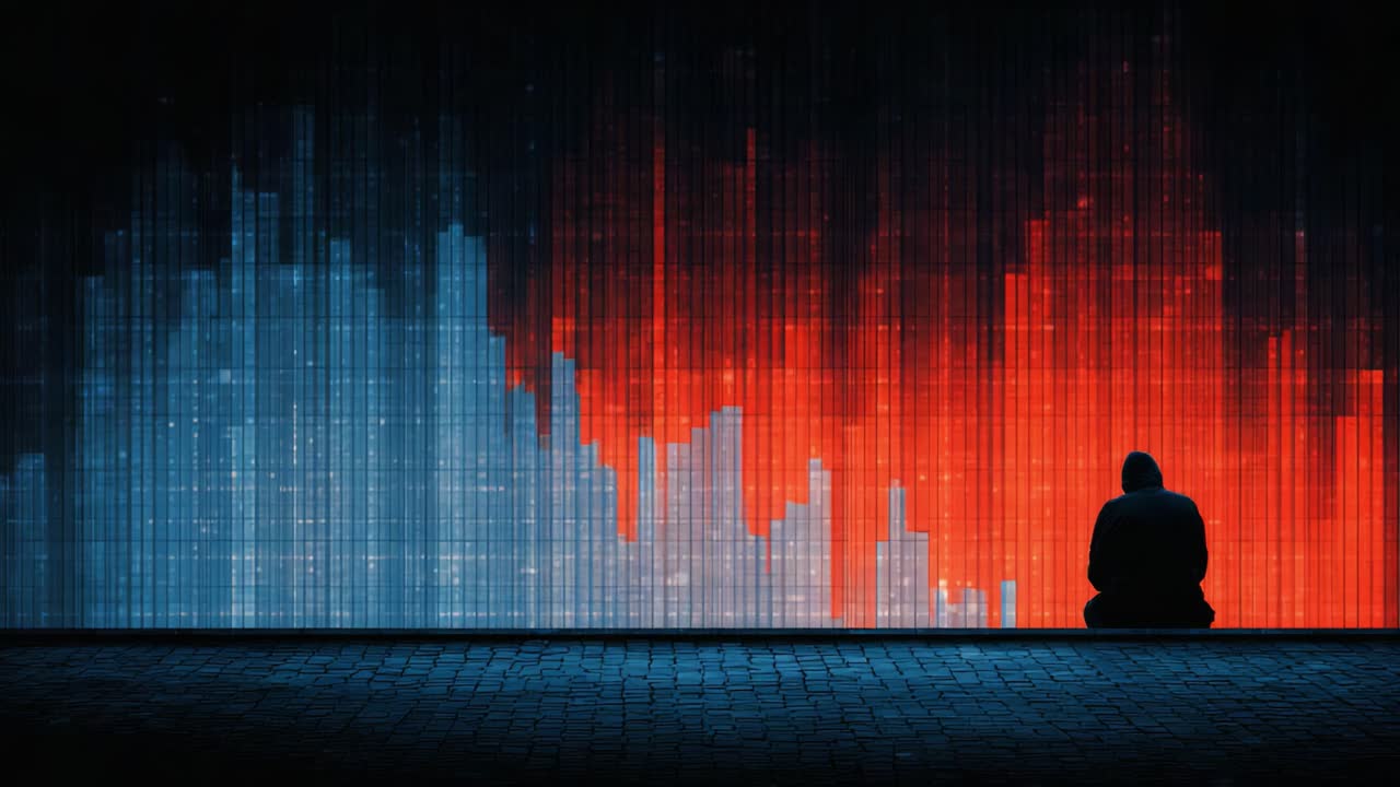 A contemplative figure sits in silence against a backdrop of vibrant digital waves, reflecting on the shifting patterns of light and color in a dynamic urban landscape