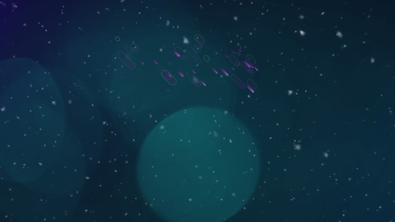 Animation of purple lines and snow falling over light spots on black background