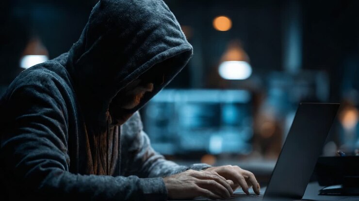 En fokuseret person i en hættetrøje, der arbejder intenst på en bærbar computer i dæmpet belysning, hvilket fremkalder temaer som koncentration, mystik og cyberudforskning