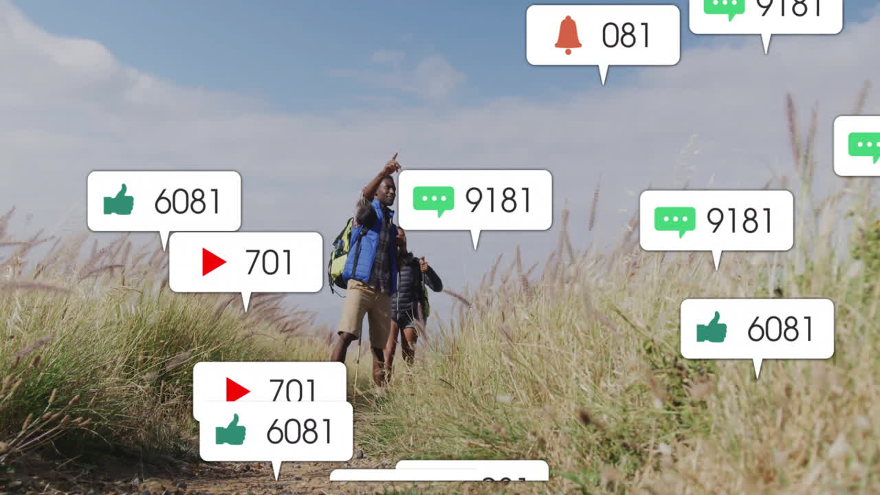 Man pointing ahead and woman hiking rural trail, tracking animated social media marketing metrics