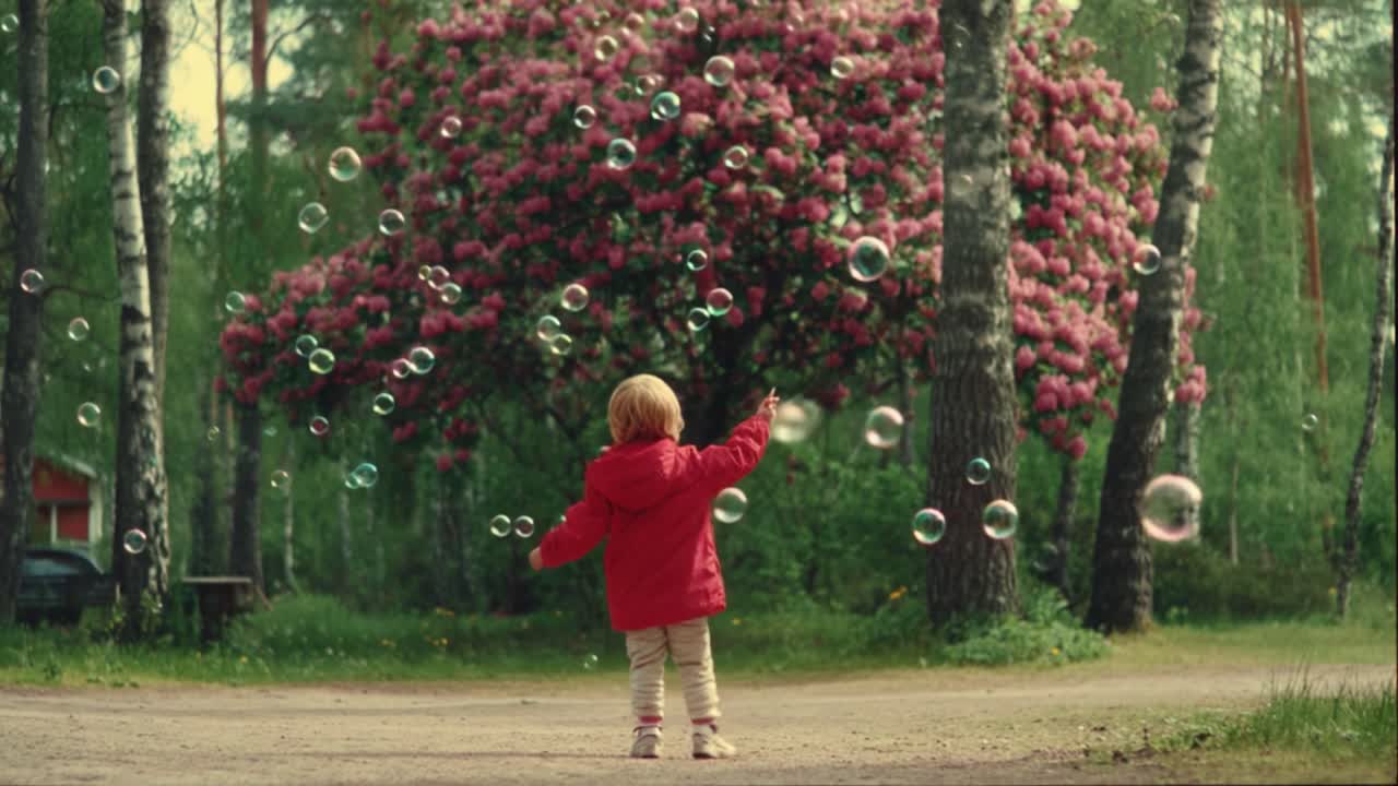 A Young Child in a Bright Red Jacket Delights in a Field of Bubbles Surrounded by Vibrant Flowering Trees, Capturing the Joy of Childhood and Nature's Beauty