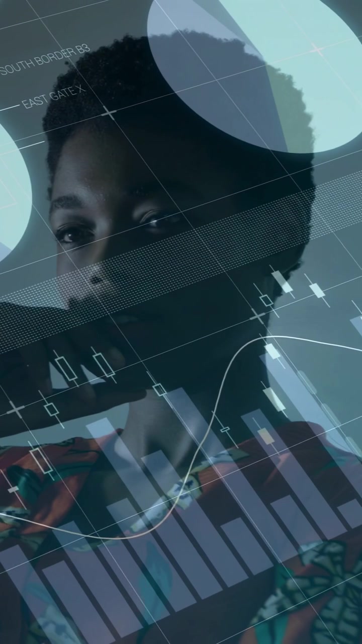 Vertical video: Woman wearing red top analyzing with ECG wave overlaying and finance charts growing