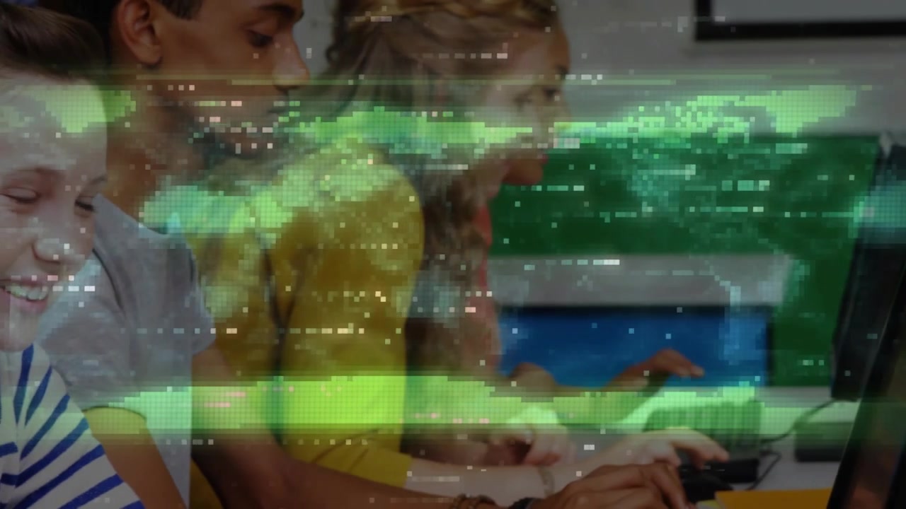 Student starting typing at lab, peers joining and working while green glitch obscuring students