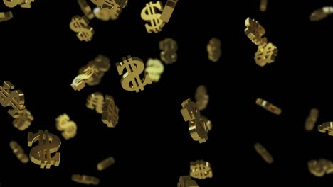 falling gold dollar signs on a transparent background with depth of field. 3d looped animation