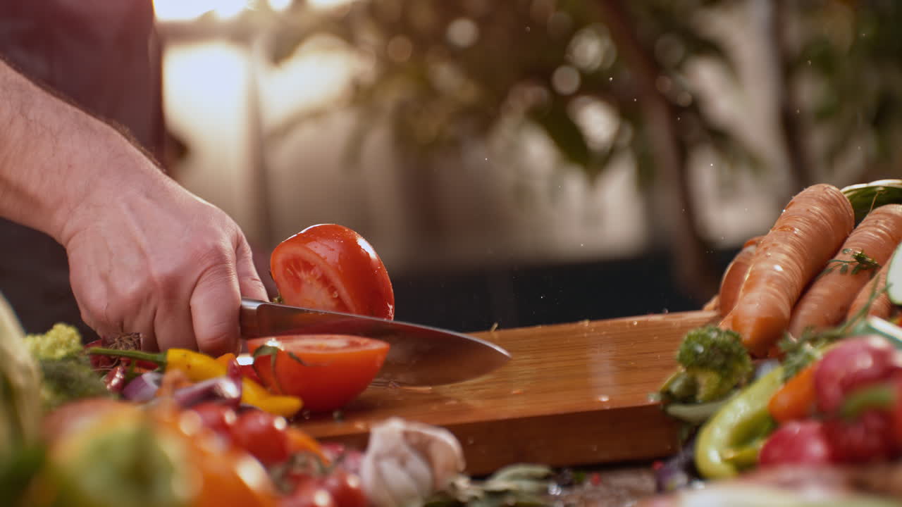 셰프가 신선한 채소를 잘라내고 있습니다.