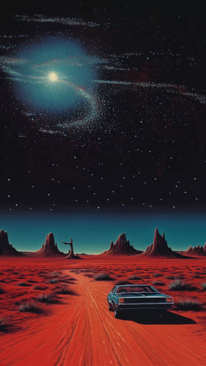 A retro-futuristic video concept with a low-angle view of a car on a desert road under a starry sky