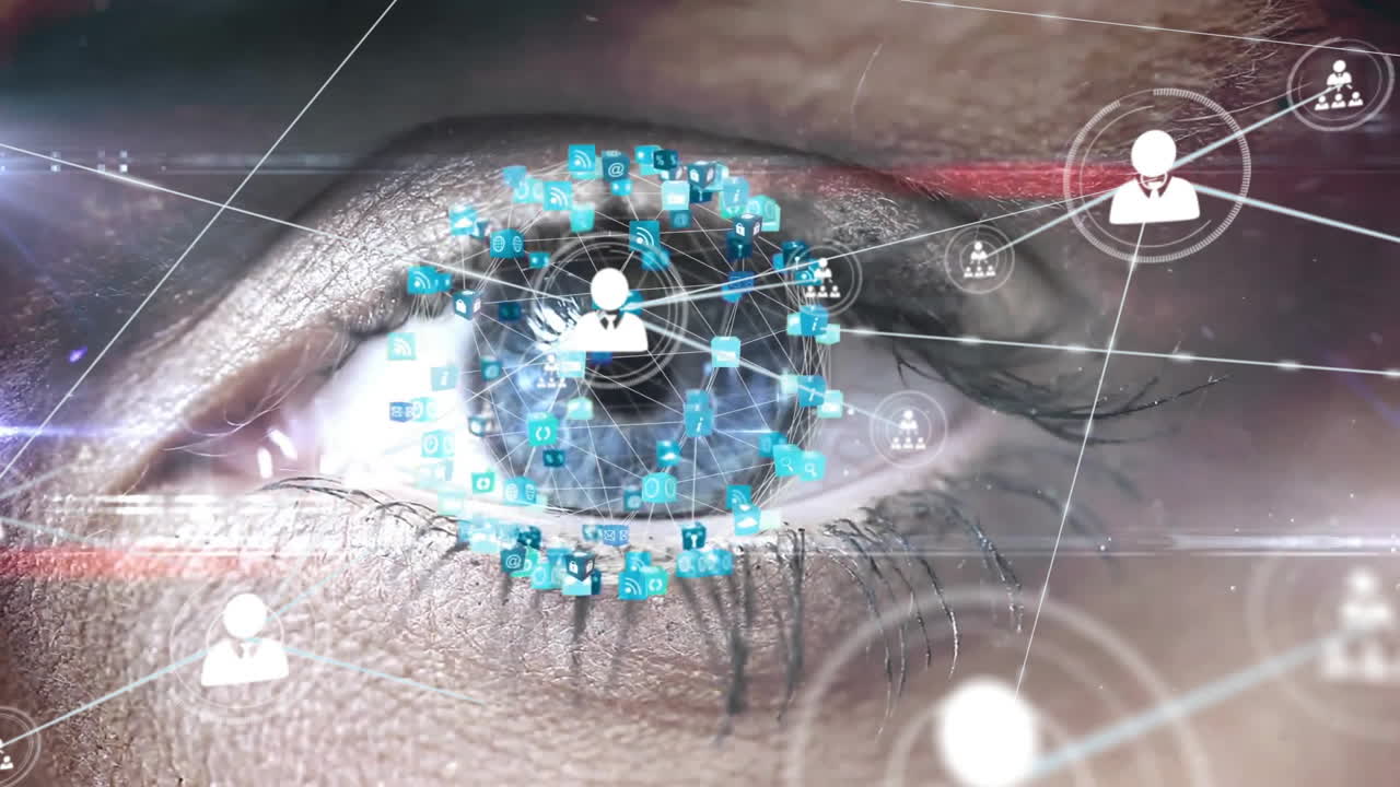 animación de redes digitales y conexiones de datos sobre el primer plano del ojo humano