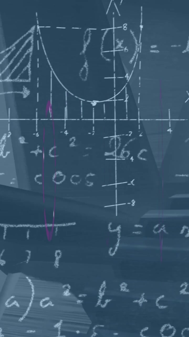 Animazione di un cerchio in elaborazione, una turbina e formule matematiche su sfondo blu.