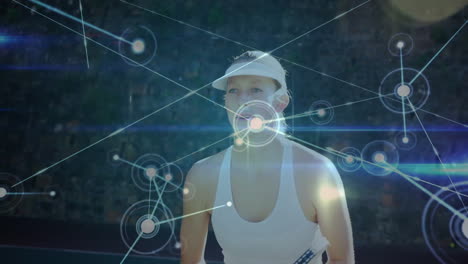 female tennis player swinging racket on outdoor court, demonstrating technology network overlay