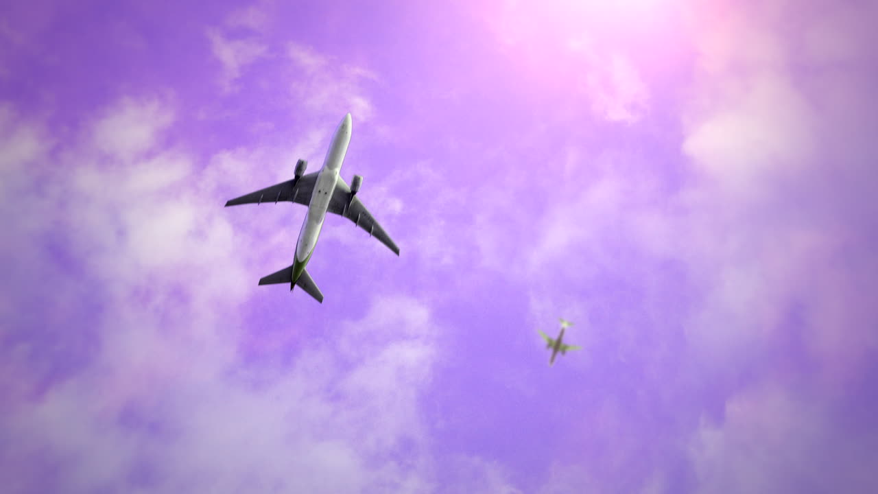 Flying airplanes in blue sky with clouds