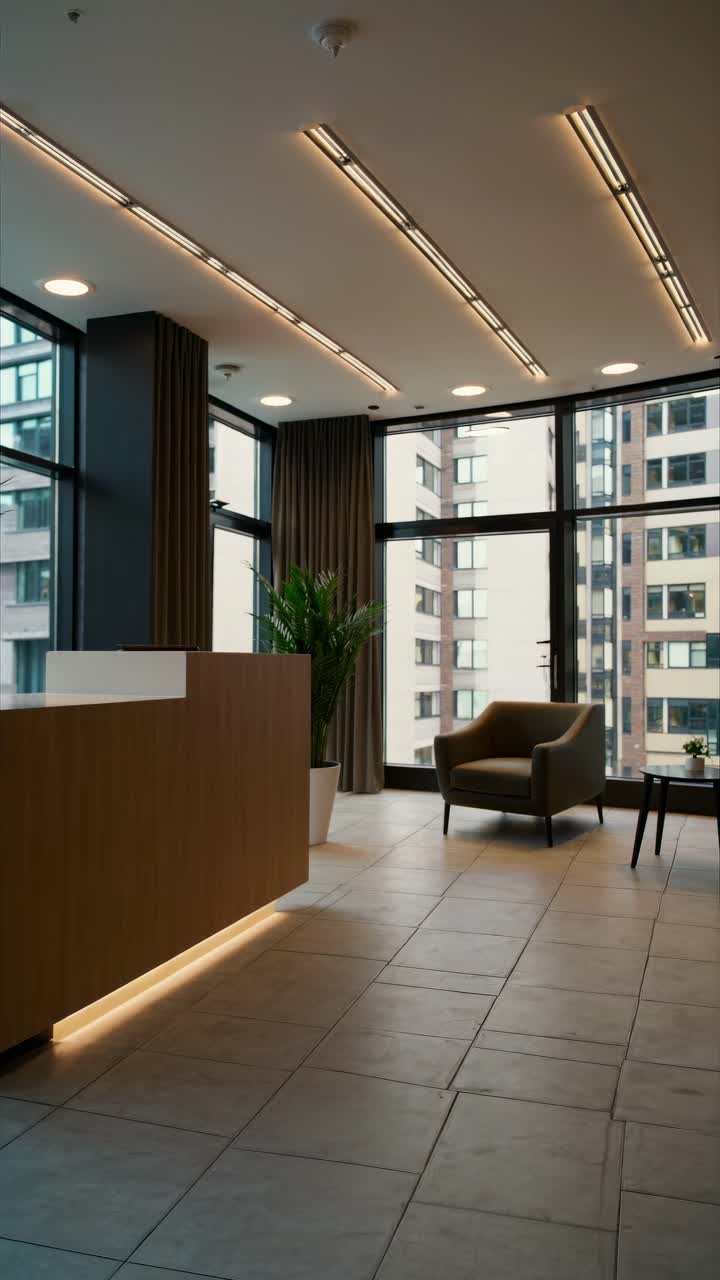 Modern office lobby with a sleek wooden reception desk, shot from a low angle