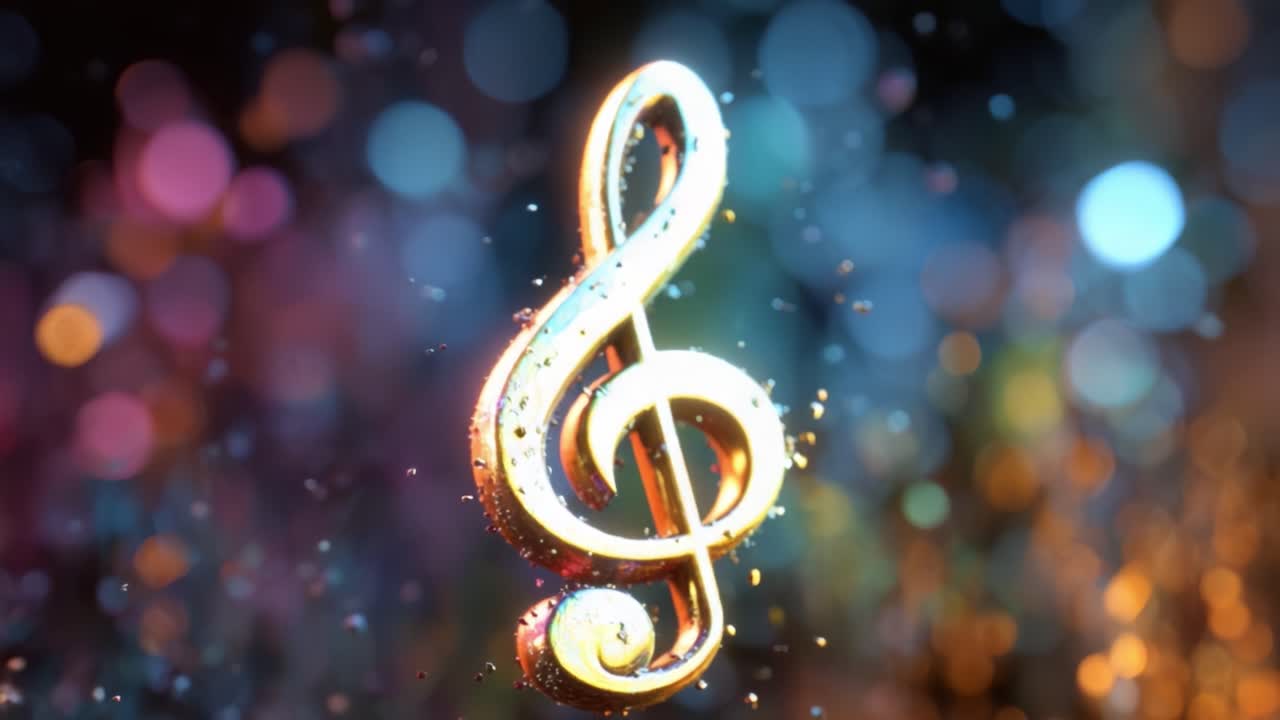 En smuk transformation af en diskantnøgle omgivet af farverige bokeh-lys, der hylder musikkens og kreativitetens kunst i et levende udtryk.