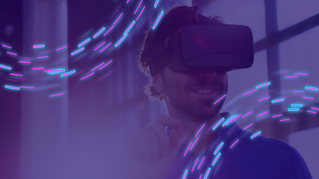 Animation of glowing light trails of data transfer and caucasian man in vr headset