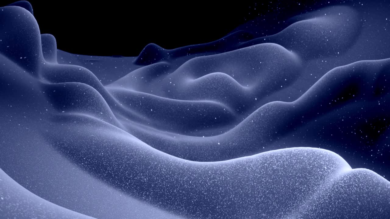 Stylish festive black bg. Fantastical abstract looped background, waves move on glossy surface like landscape made of liquid blue wax with sparkles. Beautiful soft background with smooth animation 4k