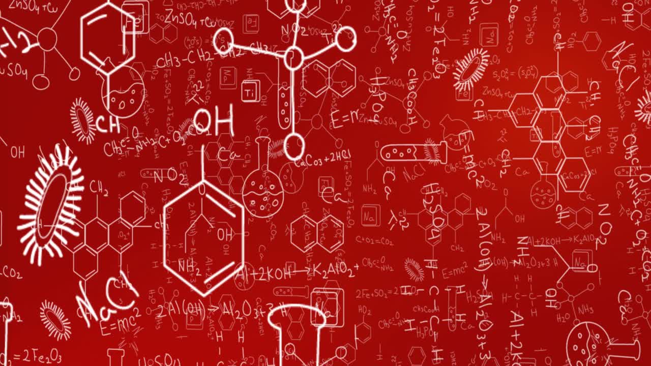 animación de las estructuras moleculares, la fórmula, los vasos y los microorganismos sobre un fondo rojo