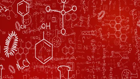 Animación-De-Estructuras-Moleculares,-Fórmulas,-Vasos-De-Precipitados-Y-Microorganismos-Sobre-Fondo-Rojo.