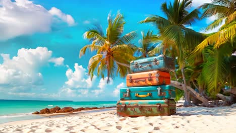 a stack of suitcases sitting on top of each other on a beach