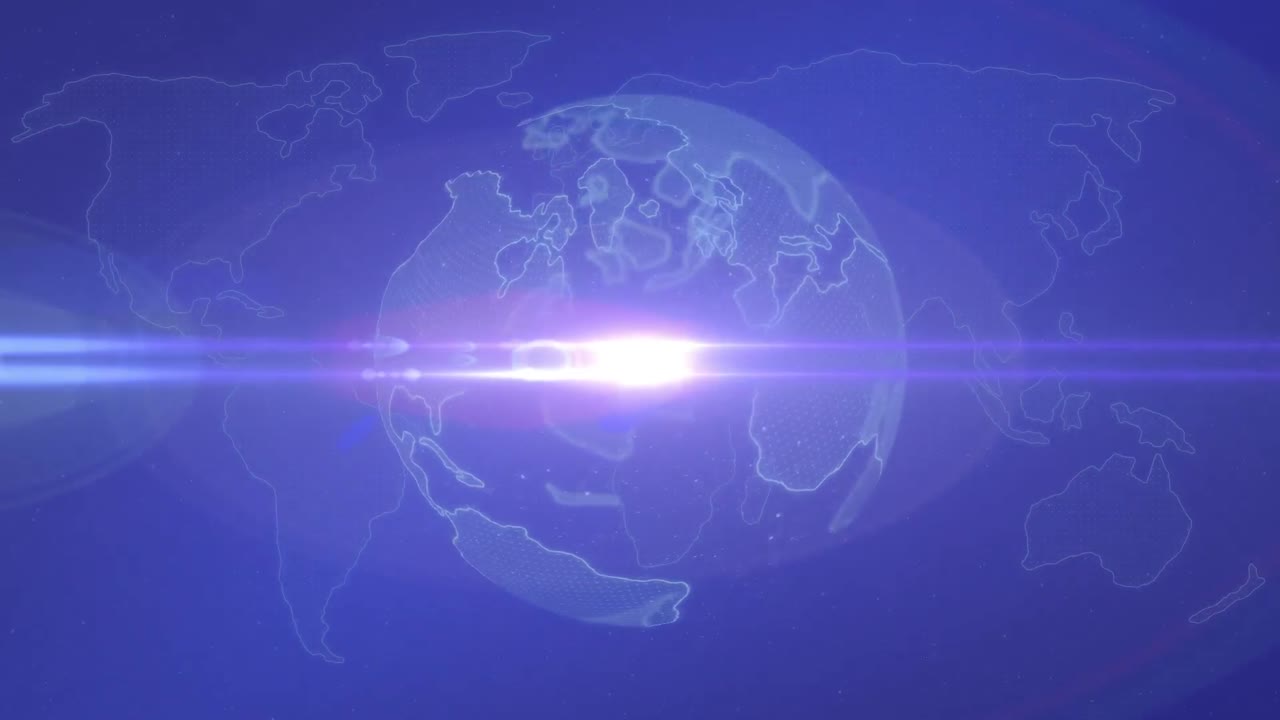 파란색 배경의 세계 지도와 함께 지구와 빛의 길의 애니메이션