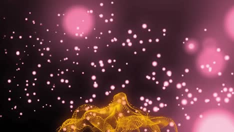 animation of golden dynamic wave of dots flying over lens flare and moving circles