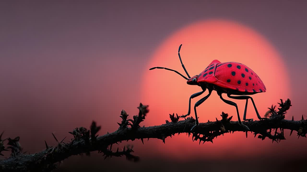 A stunning close-up of a vibrant red and black spotted insect silhouetted against a glowing sunset, showcasing nature's intricate beauty and colors in perfect harmony