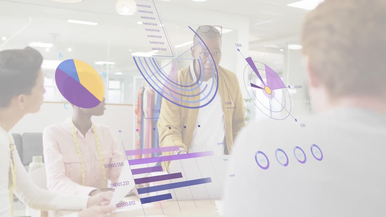 Animation of financial data processing over diverse business people