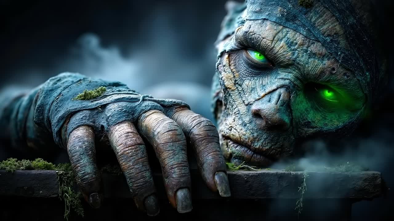 A close up of a zombie with green eyes and a bandage on his head